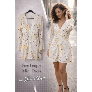 Free People Polka Dot Floral Mini Dress Ruched Button Front Long Sleeve M